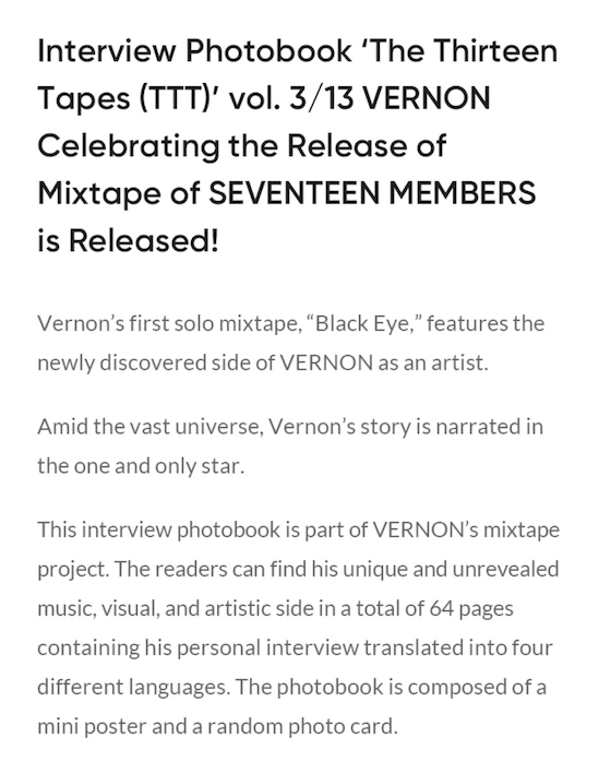SEVENTEEN - THE THIRTEEN TAPES (TTT) VOL.3/13 - VERNON - Pre-Order - J-Store Online